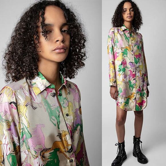 Zadig & Voltaire Dresses & Skirts - NEW Zadig & Voltaire Rais Twill Horses Long Sleeve Silk Knee Length Mini Dress